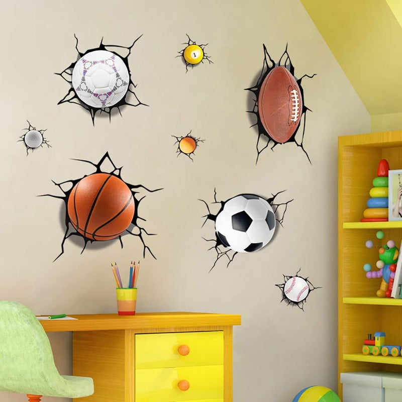Supzone Sport Balls 3D Wall Stickers Break Through DIY Basketball, Rugby, Baseball, Football Wall Decor Boys Playroom, Bedroom, Classroom, Living Room - Image 4